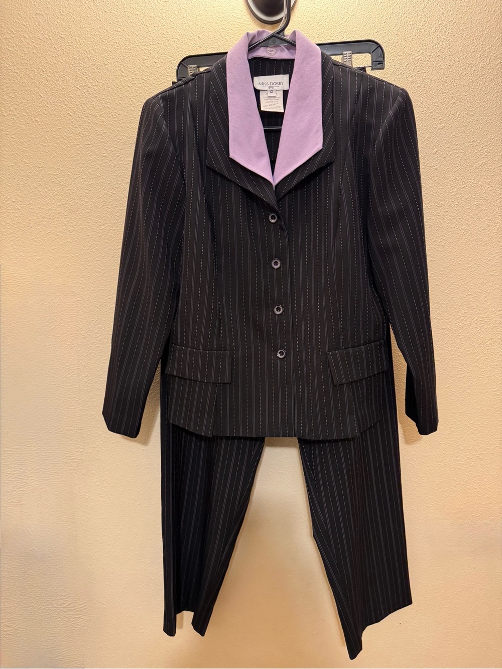 Miss Dorby Black Pinstripe Suit with Lilac Contrast Collar